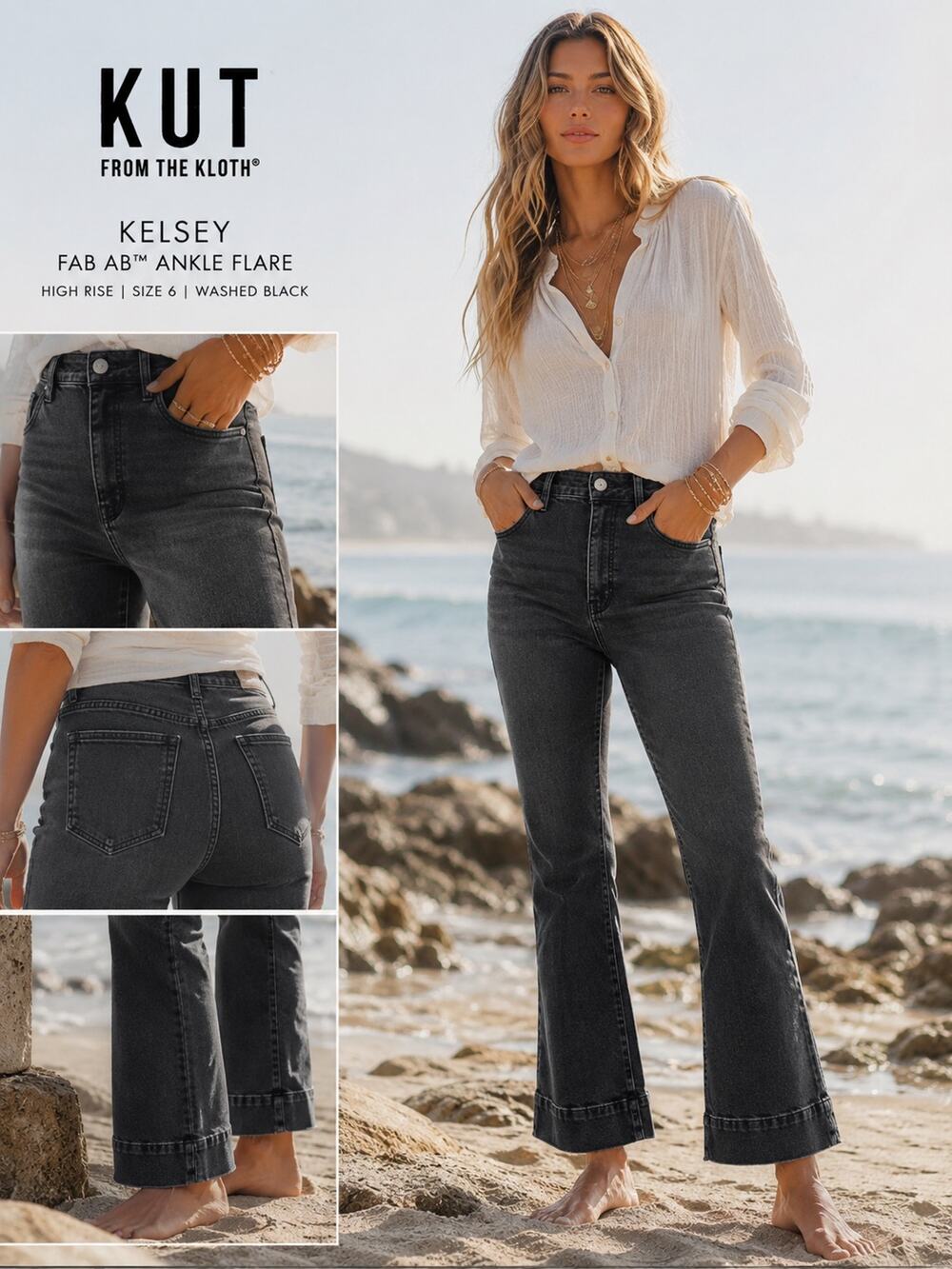 KUT From The Kloth Kelsey Fab Ab High Rise Ankle Flare Jeans 6 Black Wash Boho